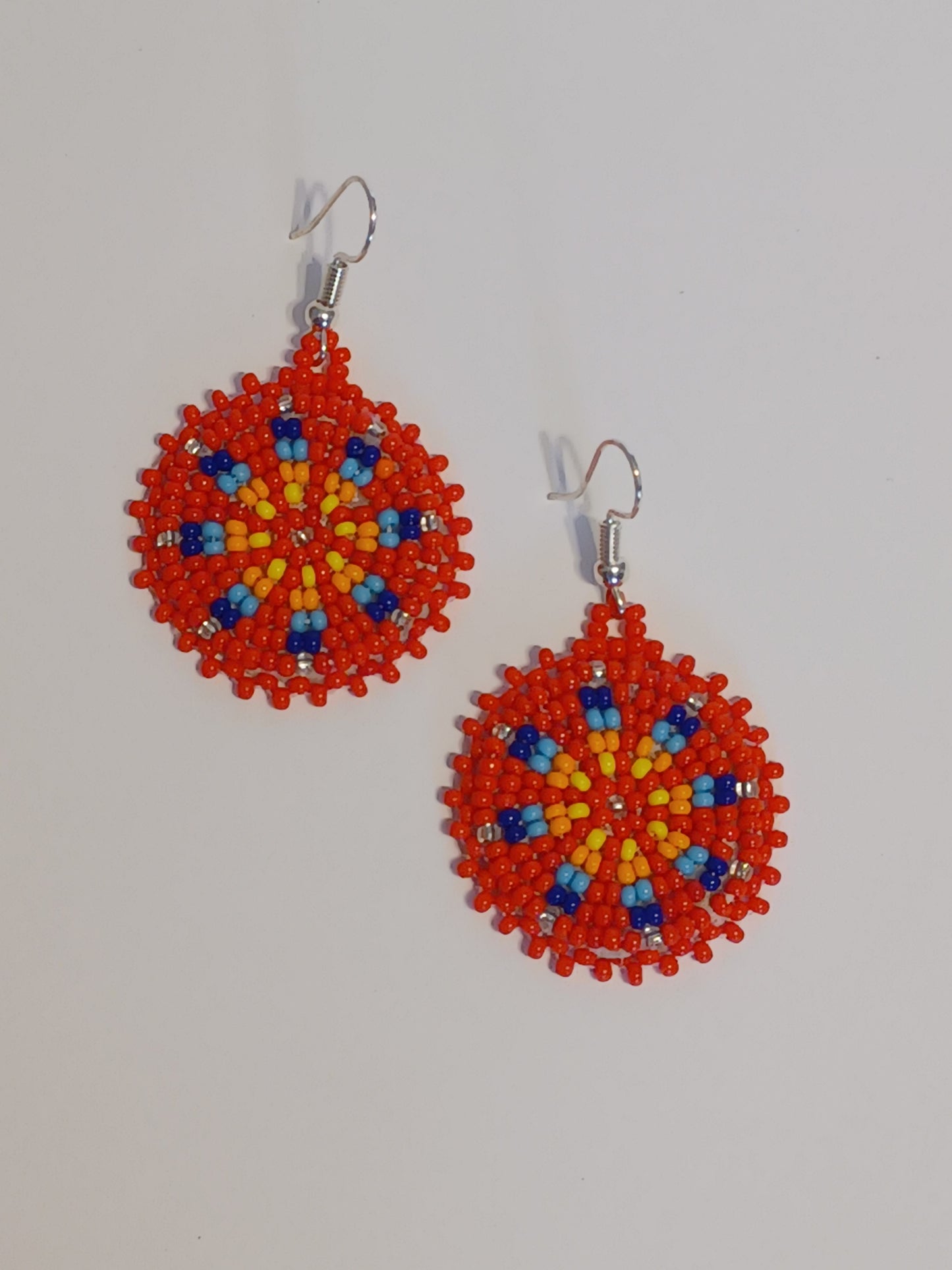 Beaded Rosette Earrings - Red