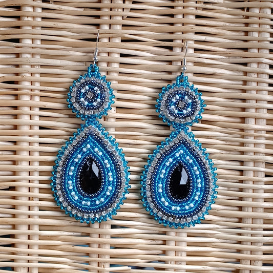 Beaded Bling Earrings - Aqua Steel