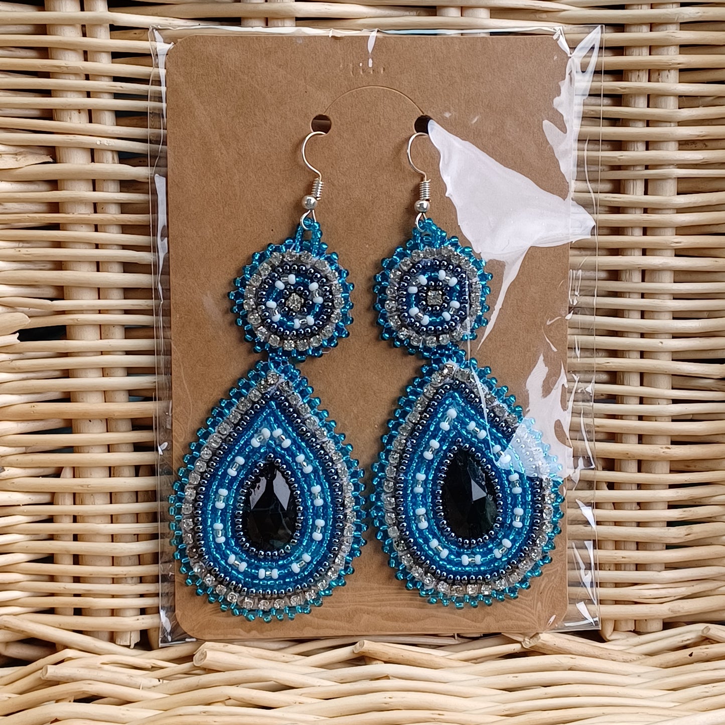 Beaded Bling Earrings - Aqua Steel