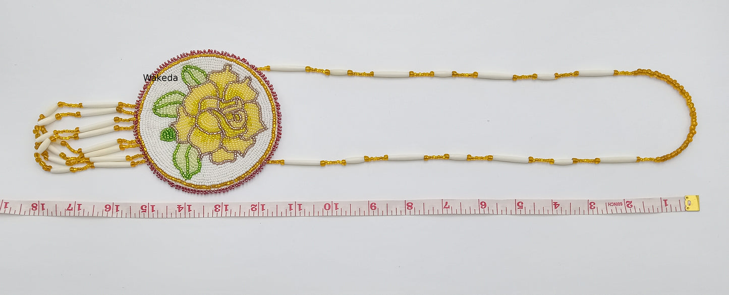 Beaded Rose Medallion Necklace - Yellow on White