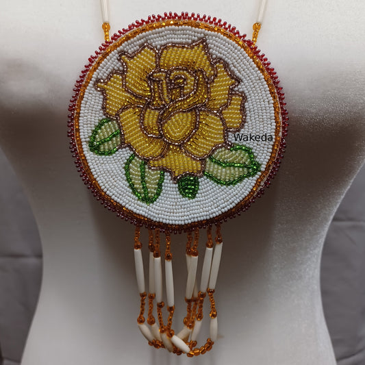 Beaded Rose Medallion Necklace - Yellow on White