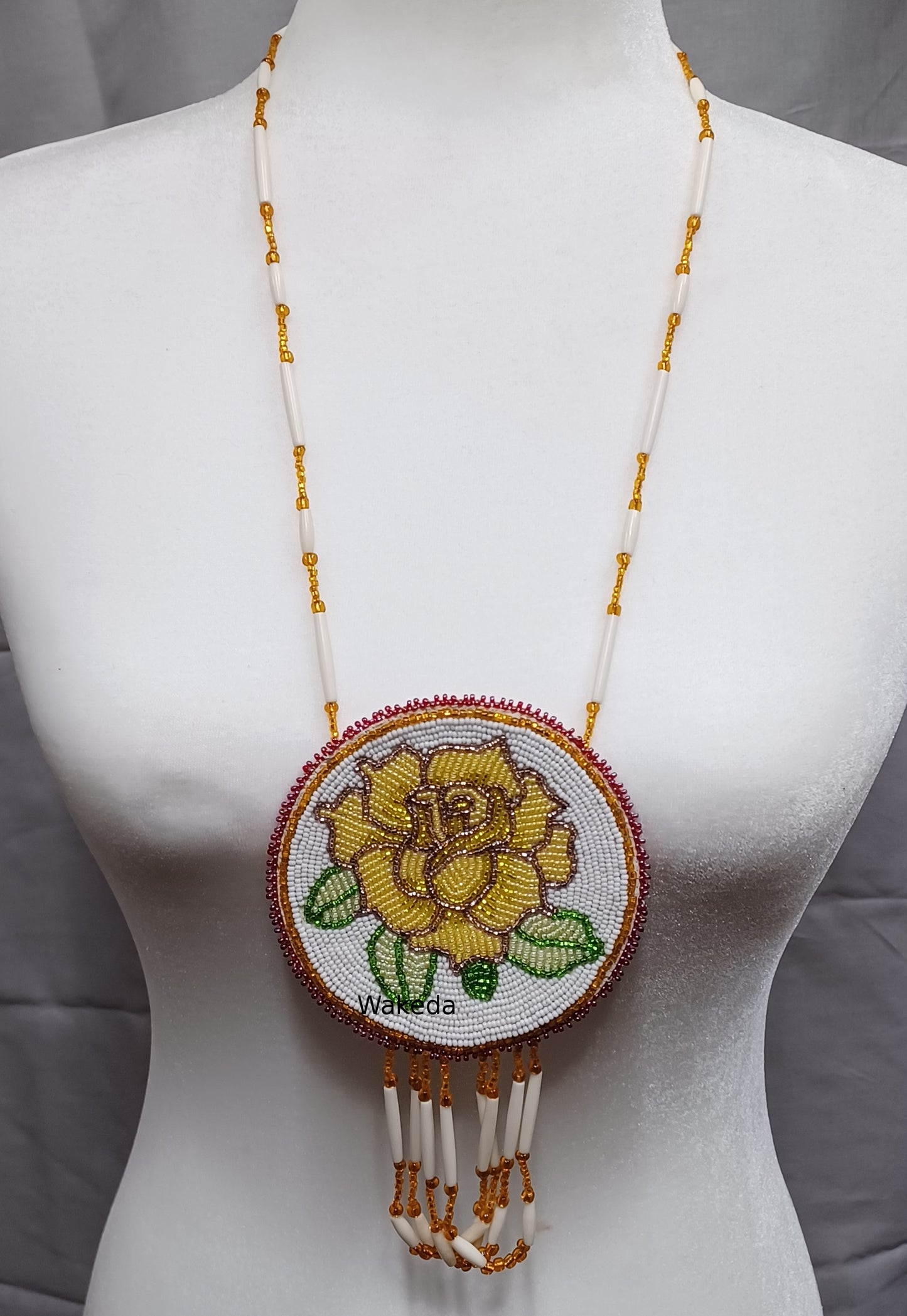 Beaded Rose Medallion Necklace - Yellow on White