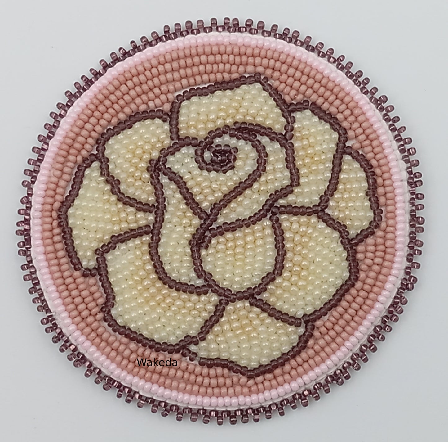 Beaded Rose Medallion - Cream and Purple on Pink
