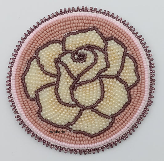 Beaded Rose Medallion - Cream and Purple on Pink