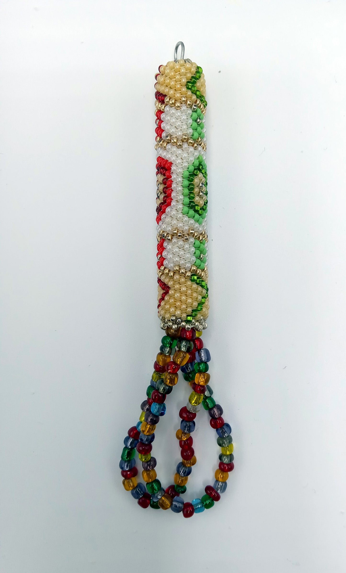 Beaded Keychain - Pearl & Ivory with Red, Green & Blue