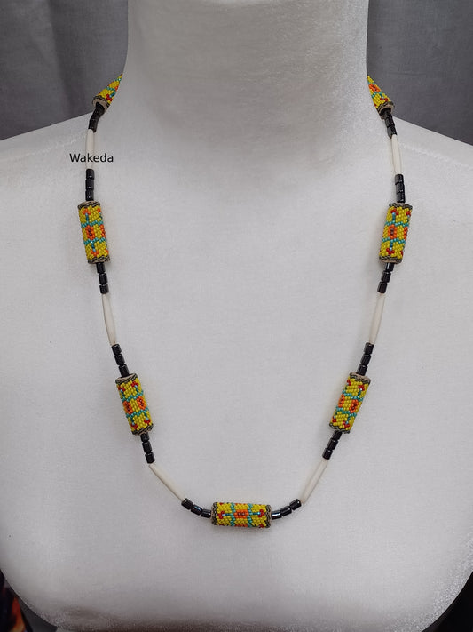 Peyote Beaded Section Necklace - Yellow with Hematite