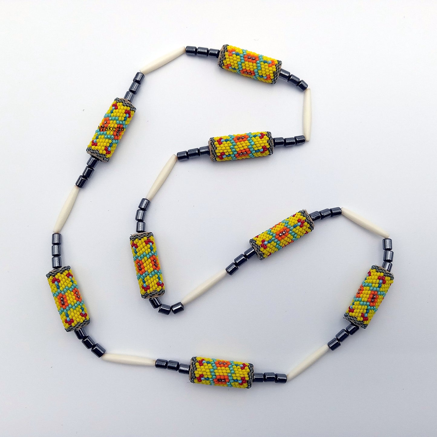 Peyote Beaded Section Necklace - Yellow with Hematite