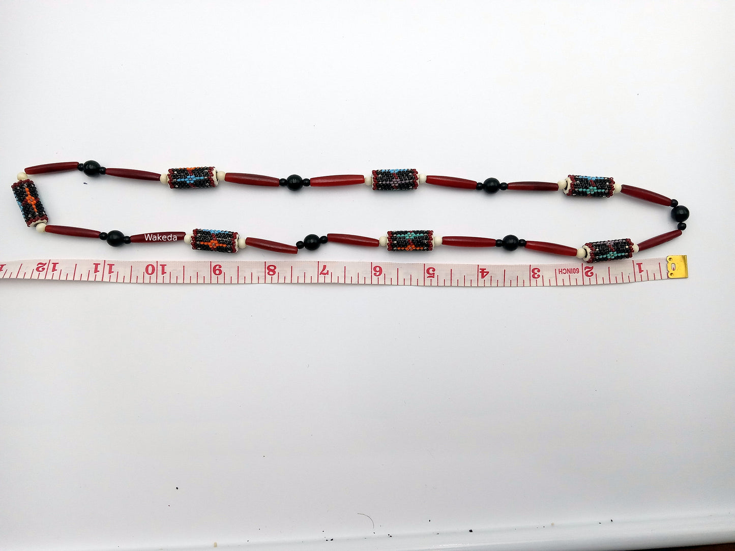 Peyote Beaded Section Necklace - Black with Red Horn