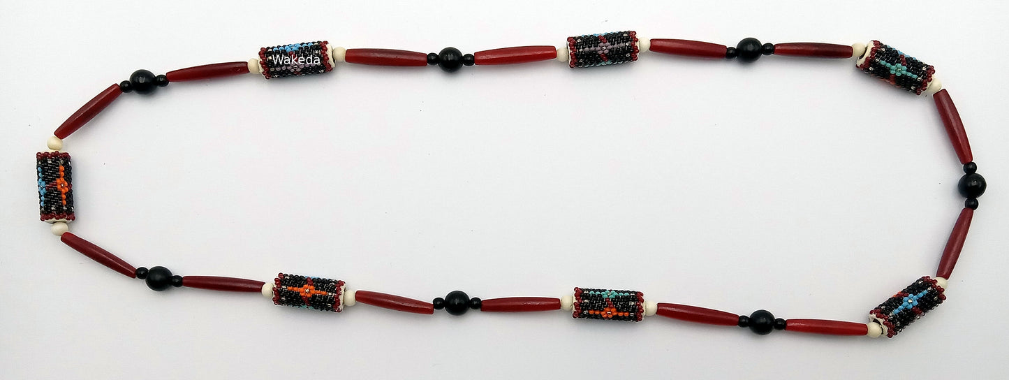 Peyote Beaded Section Necklace - Black with Red Horn