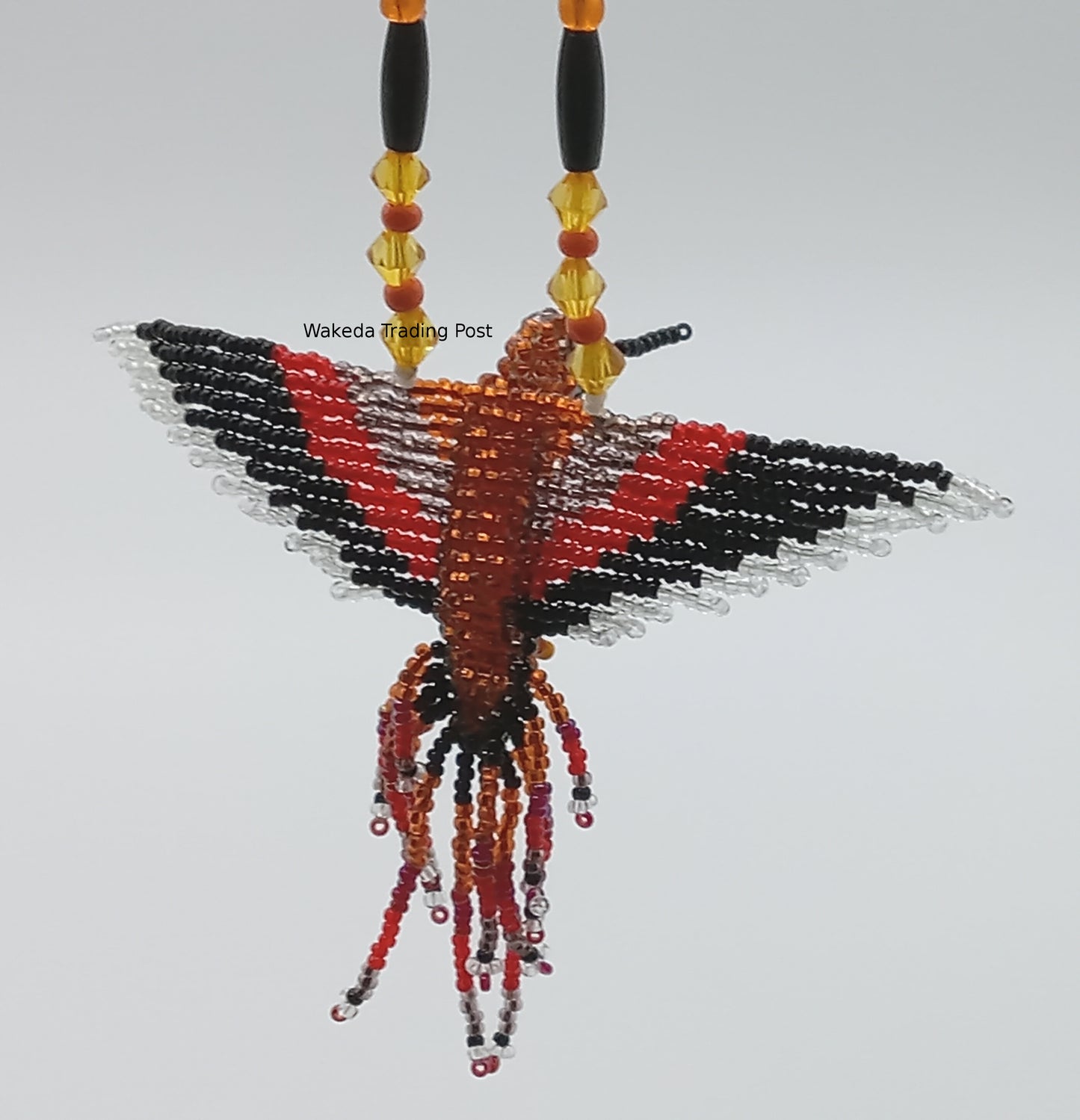 Beaded Hummingbird Necklace - Red, Black, Orange