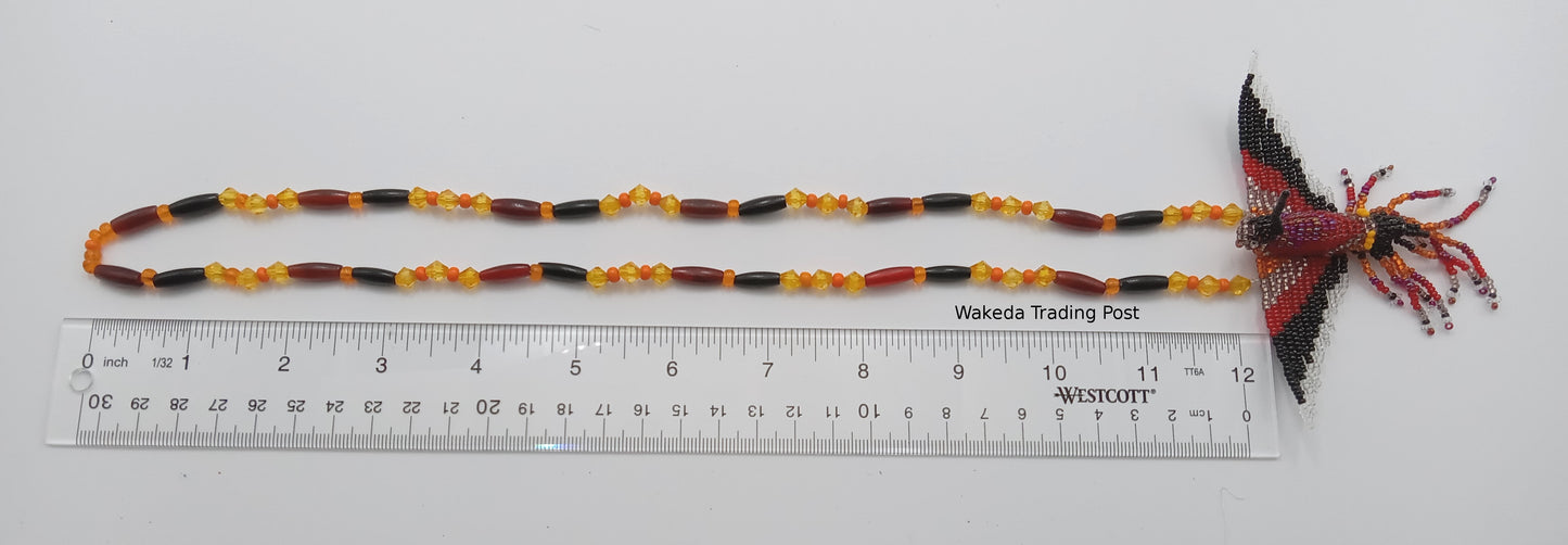 Beaded Hummingbird Necklace - Red, Black, Orange