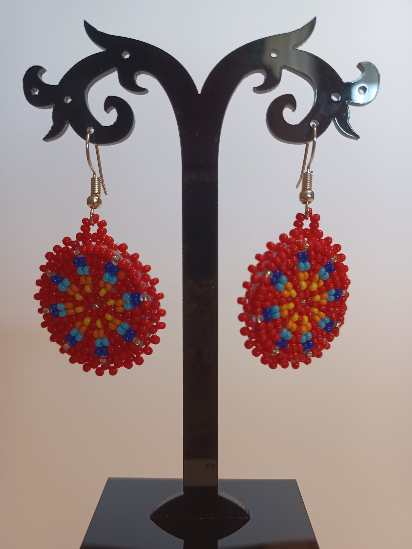 Beaded Rosette Earrings - Red