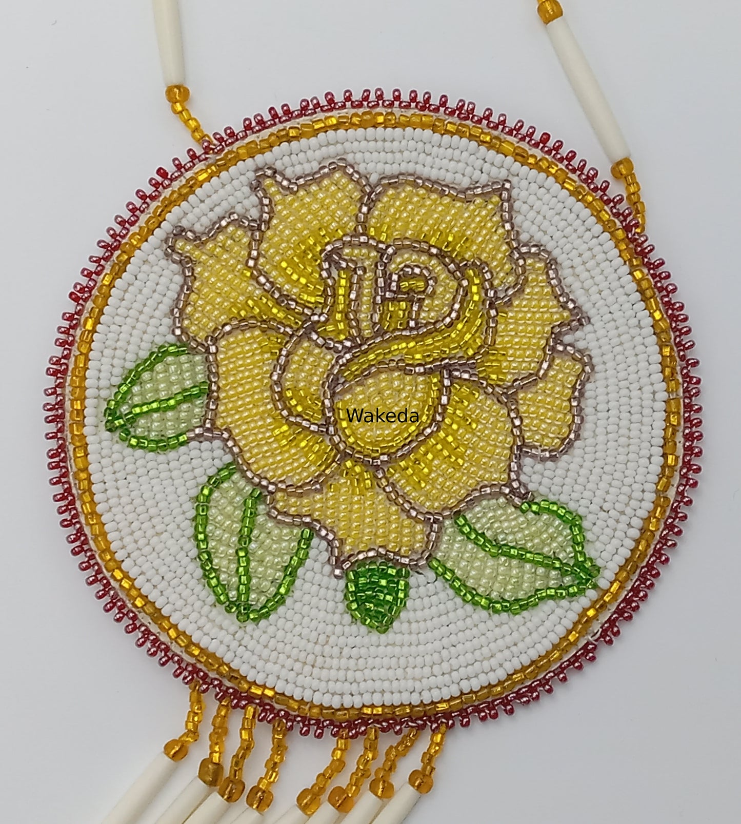 Beaded Rose Medallion Necklace - Yellow on White