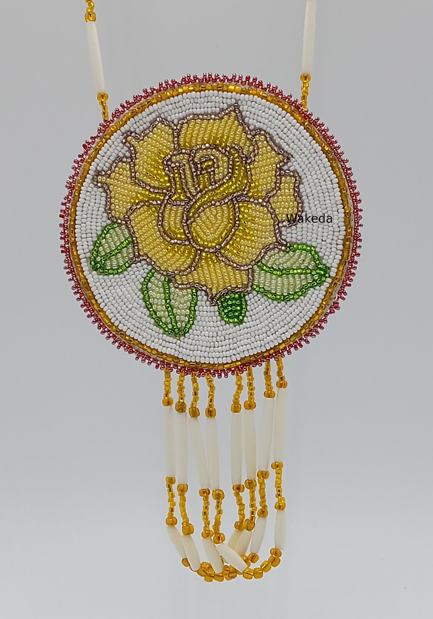 Beaded Rose Medallion Necklace - Yellow on White
