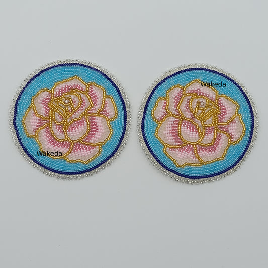 Beaded Rose Medallion Set - Pink on Blue