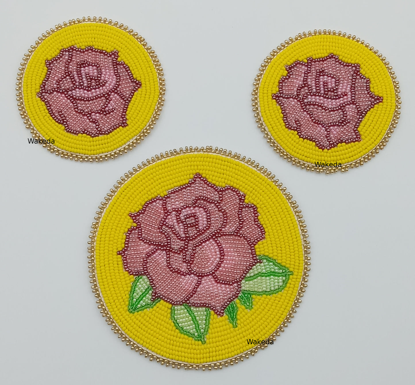 Beaded Rose Medallion Set - Mauve on Yellow