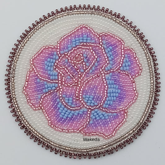 Beaded Rose Medallion - Pink and Blue on White