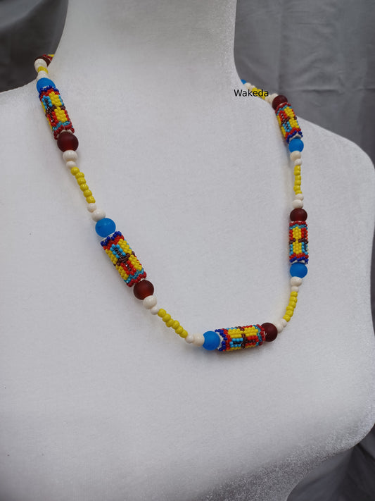 Peyote Beaded Section Necklace - Red Blue Yellow