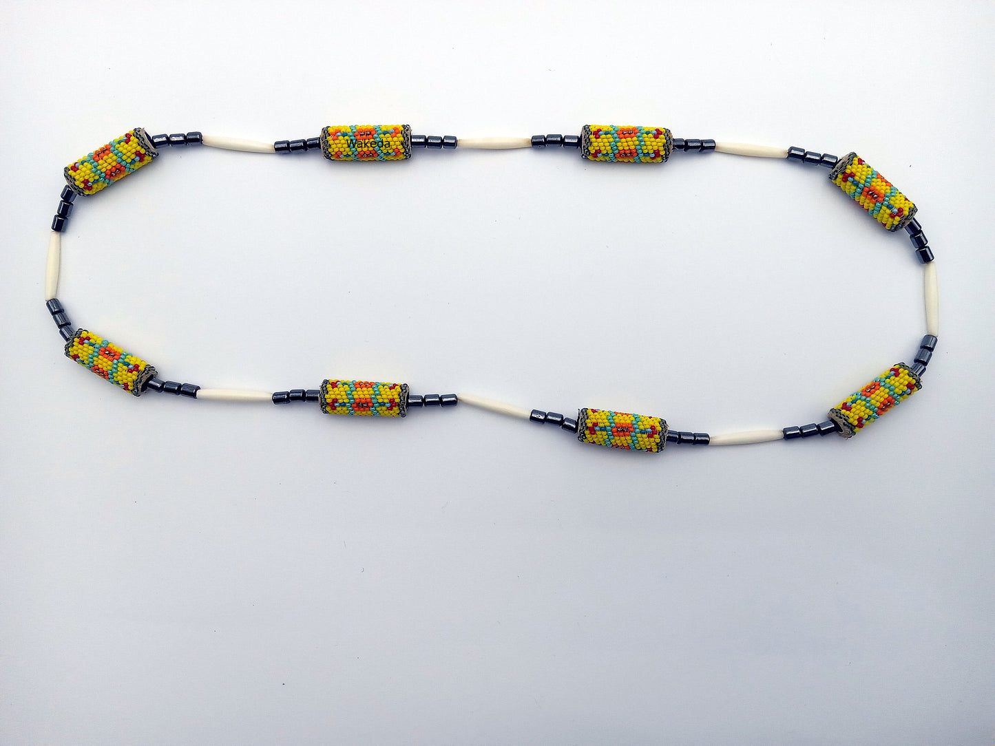 Peyote Beaded Section Necklace - Yellow with Hematite