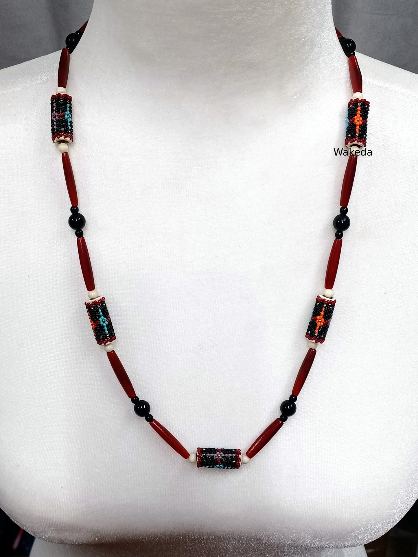 Peyote Beaded Section Necklace - Black with Red Horn