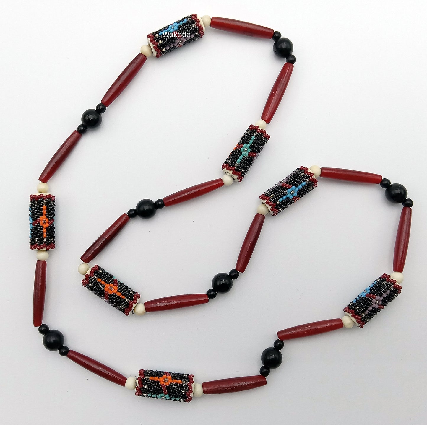 Peyote Beaded Section Necklace - Black with Red Horn