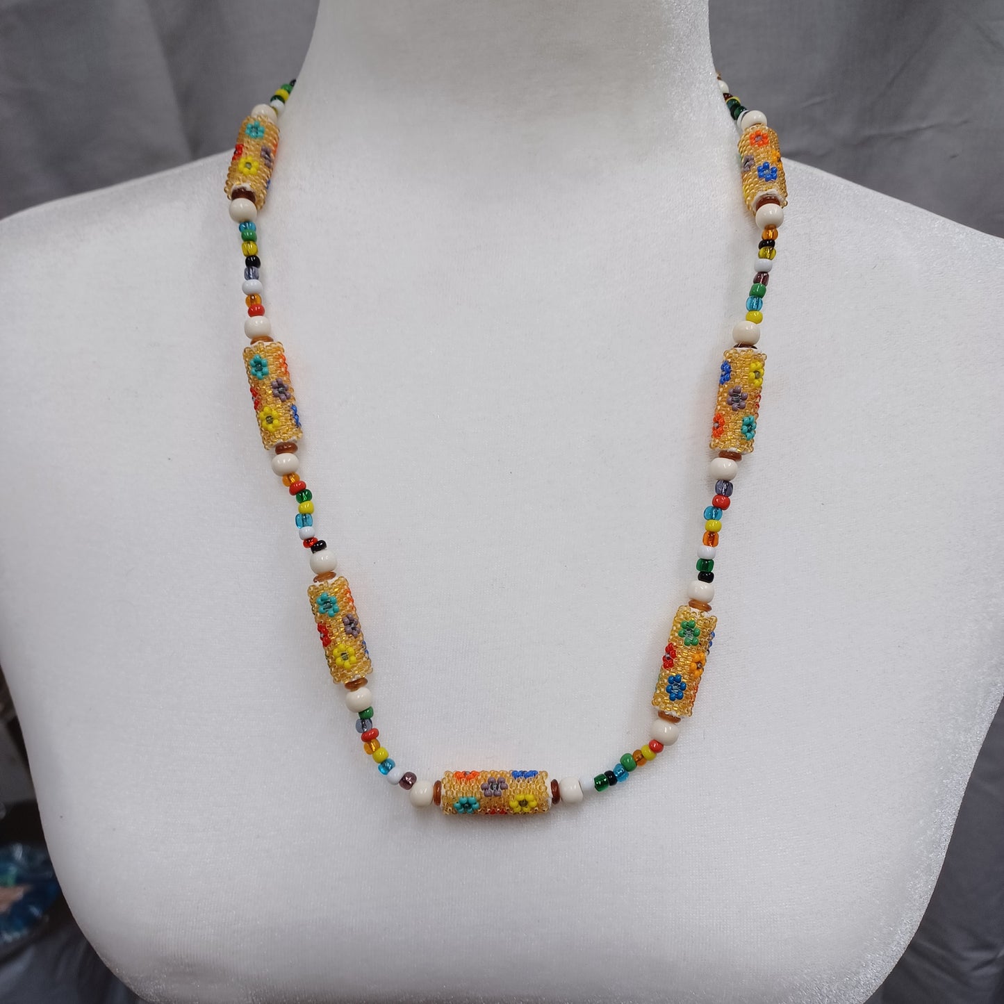 Peyote Beaded Section Necklace - Amber Floral