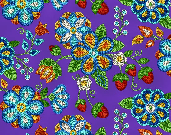 Beaded Strawberry Floral Cotton Woven Fabric - Purple