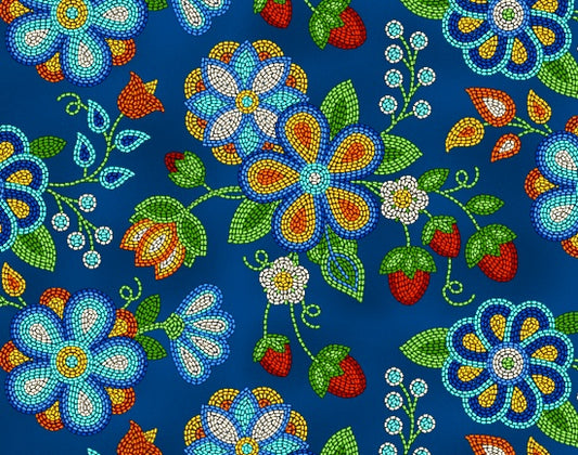Beaded Strawberry Floral Cotton Woven Fabric - Royal