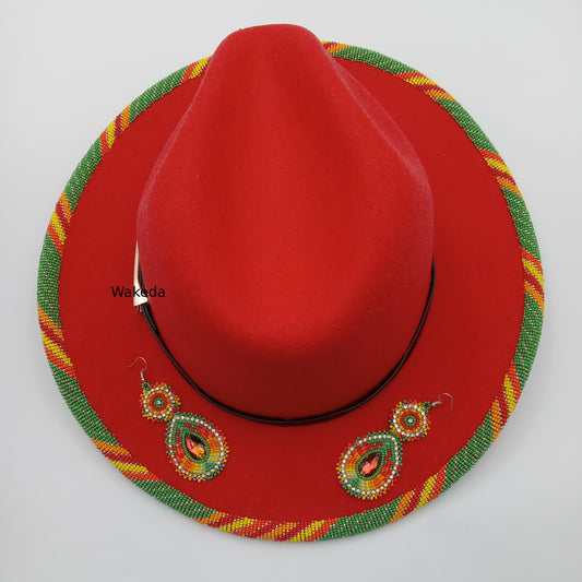 Beaded Wool Blend Felt Fedora Hat with Matching Earrings - Red Hat with Green Orange and Red Spiral Beadwork